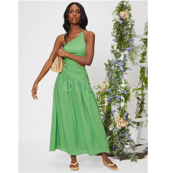 Asymmetrical Green Dress Cut Out Ruched Maxi Lace Up Back - Picture 5 of 15